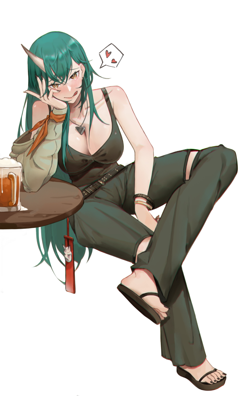 1girl, absurdres, alcohol, arknights, beer, beer_mug, breasts, cleavage