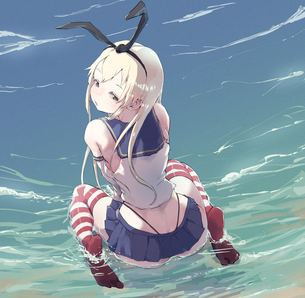 1girl, ass, beach, black_hairband, black_panties, blonde_hair, blue_sailor_collar, crop_top