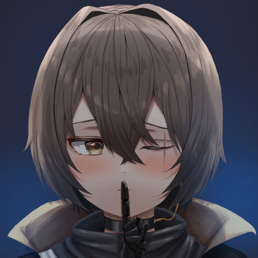 1girl, absurdres, blue_background, brown_eyes, brown_hair, close-up, girls'_frontline, girls'_frontline_2:_exilium