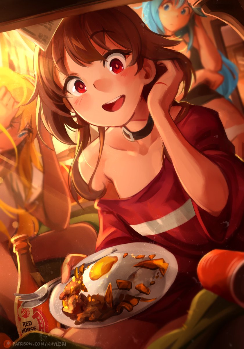 3girls, aqua_(konosuba), arm_under_breasts, bed, beer_bottle, black_choker, black_tank_top, blonde_hair