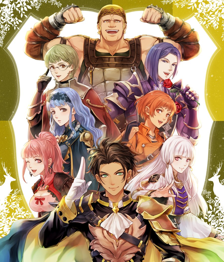 4boys, 4girls, brown_hair, claude_von_riegan, closed_mouth, dark-skinned_male, dark_skin, earrings