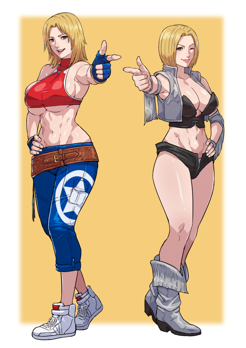 2girls, absurdres, baggy_pants, bikini, black_bikini, blonde_hair, blue_mary, blue_mary_(cosplay), boots, breasts, cirenk, cosplay, costume_switch, cowboy_boots, crop_top, dead_or_alive, fatal_fury, finger_gun, fingerless_gloves, gloves, highres, leather, looking_at_viewer, multiple_girls, navel, open_clothes, open_vest, pants, short_hair, short_shorts, shorts, sideboob, snk, straight_hair, strapless, strapless_top, swimsuit, the_king_of_fighters, tina_armstrong, tina_armstrong_(cosplay), underboob, vest, wrestling, wrestling_outfit