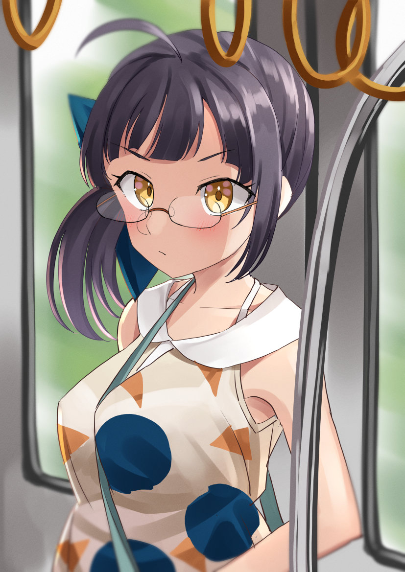 1girl, ahoge, asymmetrical_bangs, black_hair, blue_ribbon, breasts, brown_eyes, dress