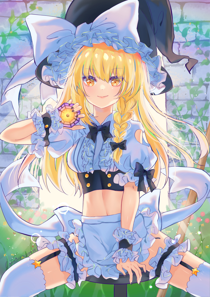 1girl, adapted_costume, apron, black_bow, black_bowtie, black_hat, blonde_hair, bow