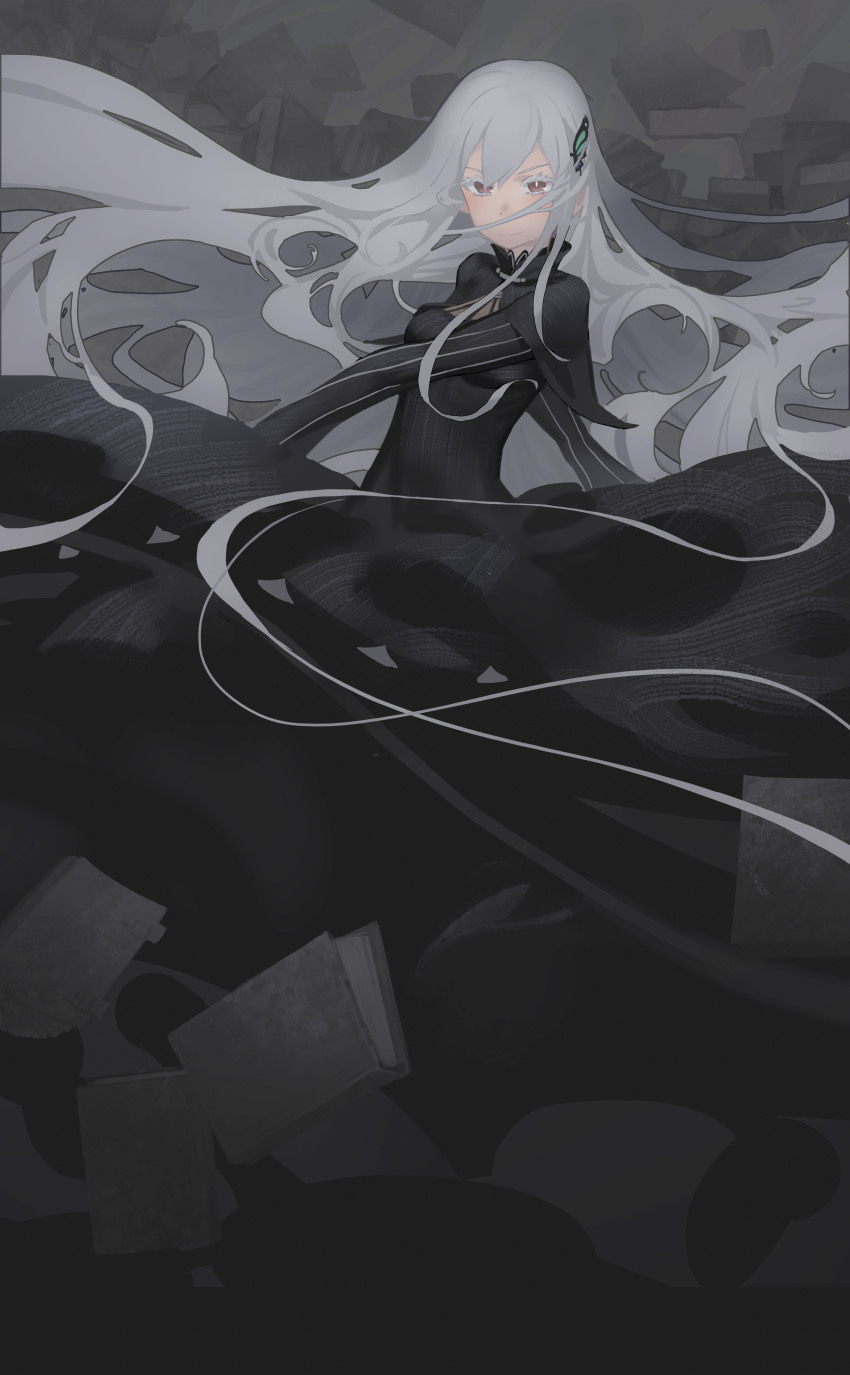 1girl, absurdres, black_capelet, black_dress, book, breasts, butterfly_hair_ornament, capelet, closed_mouth, colored_eyelashes, dress, echidna_(re:zero), hair_ornament, highres, long_hair, long_sleeves, looking_at_viewer, re:zero_kara_hajimeru_isekai_seikatsu, smile, solo, very_long_hair, white_eyelashes, white_hair, yurayura