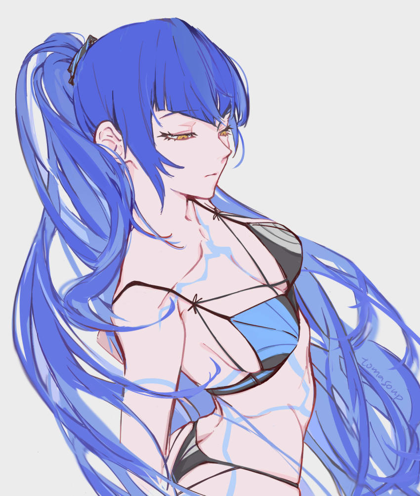 1girl, ass, bikini, breasts, closed_eyes, eyelashes, genderswap, genderswap_(ftm), highres, long_hair, ponytail, protagonist_(smtv), purple_hair, shin_megami_tensei, shin_megami_tensei_v, simple_background, solo, swimsuit, tomasoup9639, very_long_hair, yellow_eyes