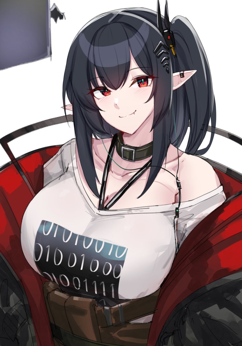 1girl, absurdres, alternate_breast_size_(larger), arknights, bare_shoulders, belt, black_coat, black_hair