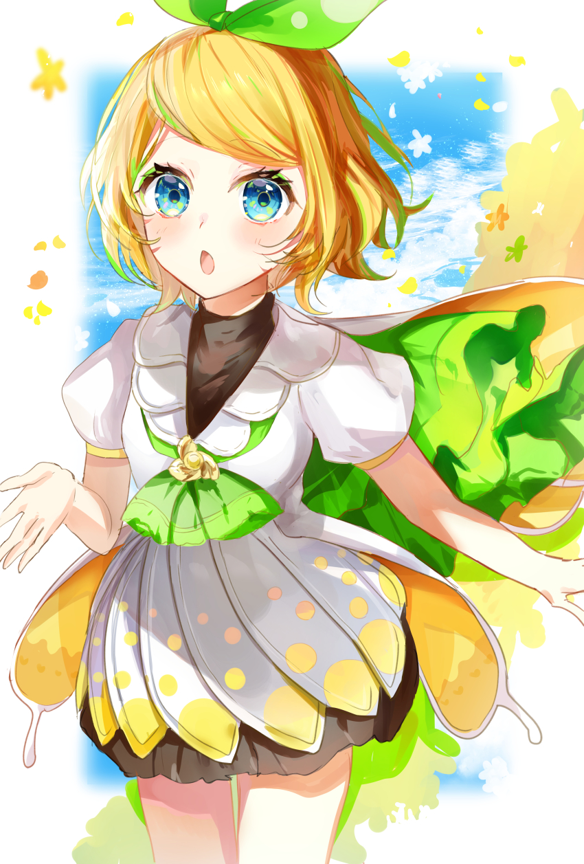 1girl, :o, absurdres, blonde_hair, blue_eyes, blush, bow, cape