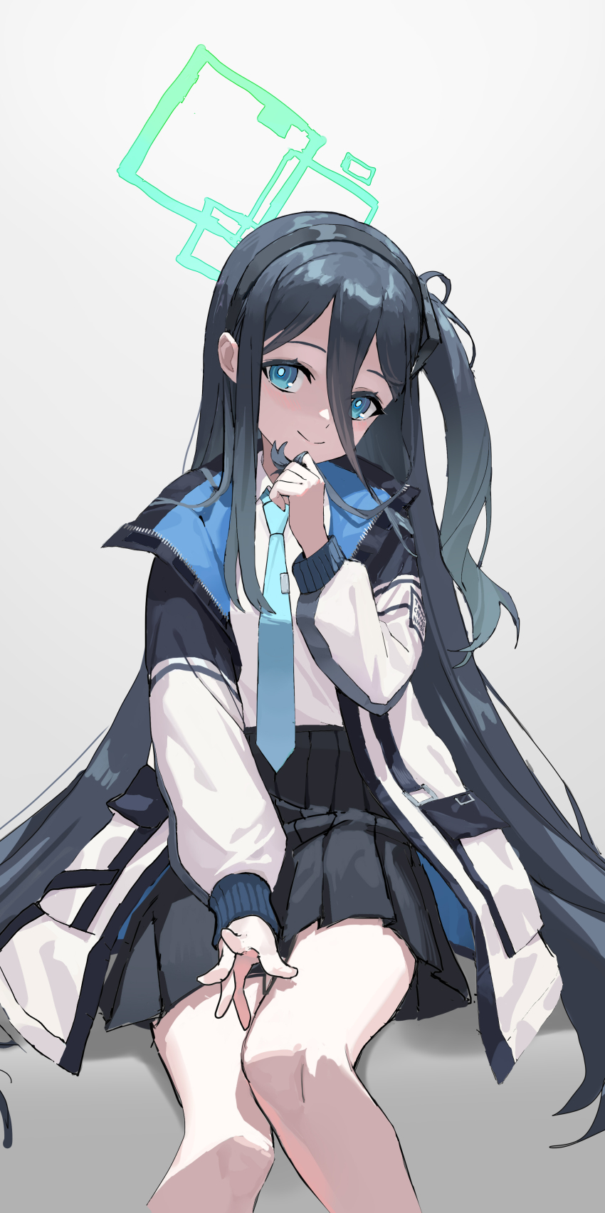 1girl, absurdres, aris_(blue_archive), black_hair, blue_archive, blue_necktie, hairband, head_tilt