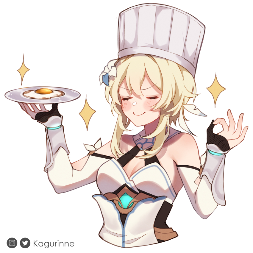 1girl, absurdres, blonde_hair, blush, breasts, chef_hat, cleavage, closed_eyes