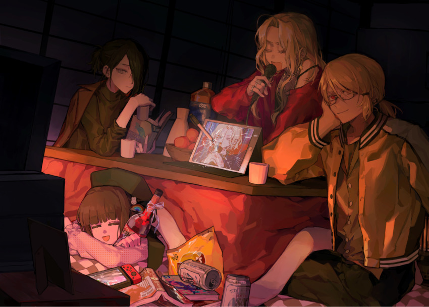 2girls, 3boys, bag_of_chips, black_hair, black_pants, black_shirt, book, broken_mask