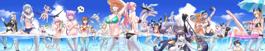 6+girls, absurdres, alternate_breast_size, amane_kanata, bikini, blue_sky, breasts, dragon