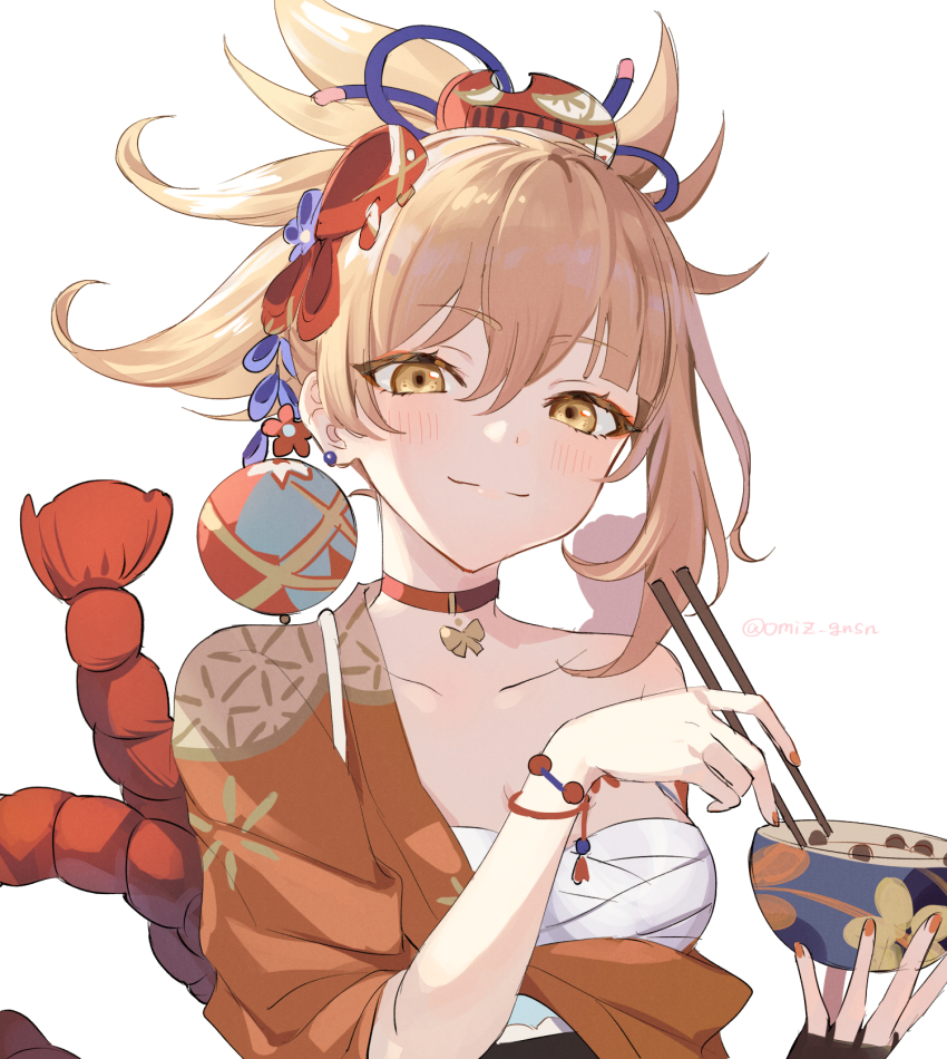 1girl, black_gloves, blonde_hair, blush, bowl, choker, chopsticks, fingerless_gloves