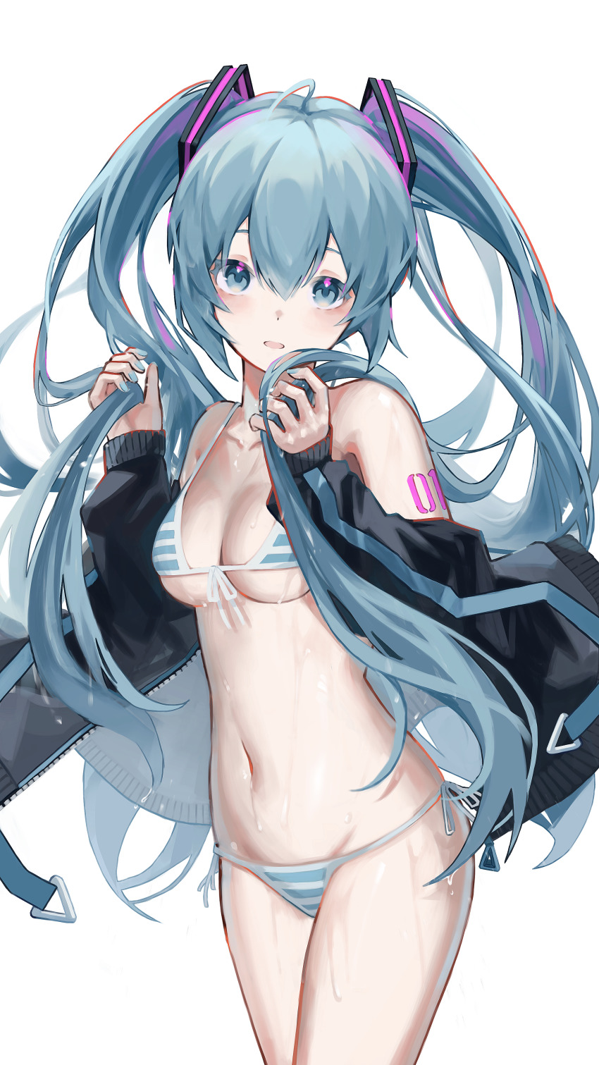 1girl, absurdres, ahoge, aqua_eyes, aqua_hair, aqua_nails, arm_tattoo, azarasi_haru, bad_id, bad_pixiv_id, bikini, blush, breasts, cleavage, cowboy_shot, eyebrows_hidden_by_hair, front-tie_top, groin, hair_between_eyes, hatsune_miku, highres, holding, holding_own_hair, long_hair, long_sleeves, looking_at_viewer, medium_breasts, midriff, multicolored_hair, nail_polish, navel, number_tattoo, off_shoulder, open_mouth, side-tie_bikini_bottom, simple_background, solo, streaked_hair, striped_bikini, striped_clothes, swimsuit, tattoo, thighs, twintails, vocaloid, wet, white_background
