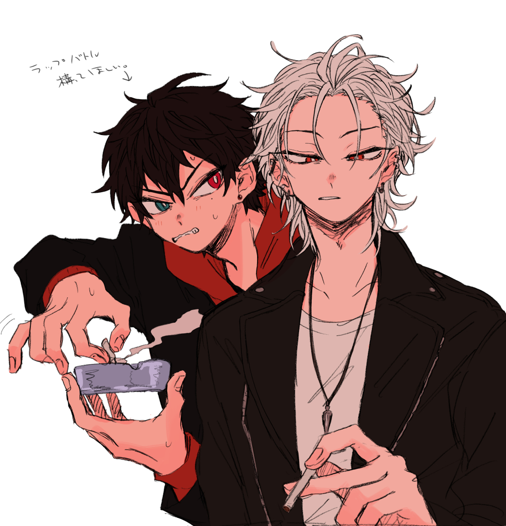 2boys, aohitsugi_samatoki, ashtray, black_hair, cigarette, earrings, hair_slicked_back, heterochromia