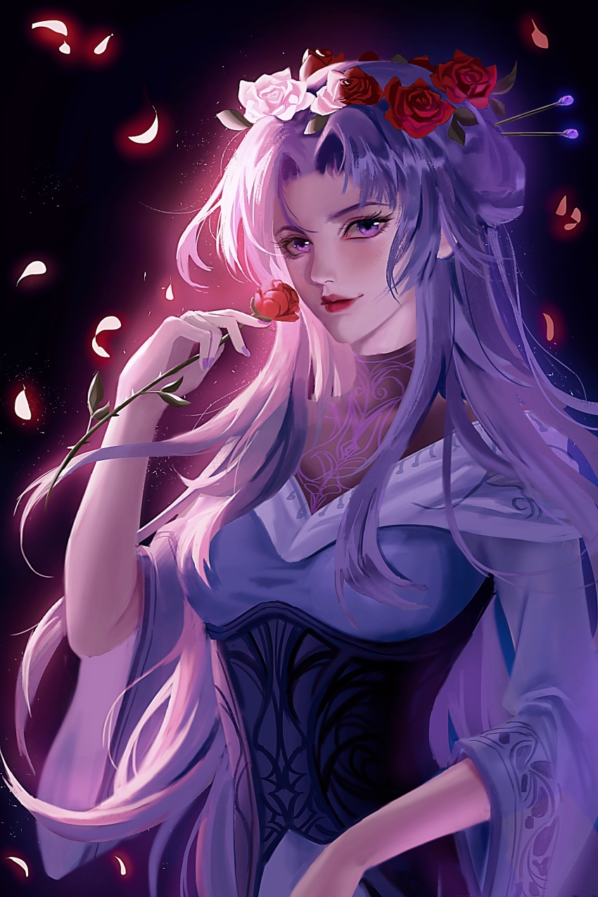 1girl, absurdres, dress, falling_petals, flower, hair_flower, hair_ornament, highres