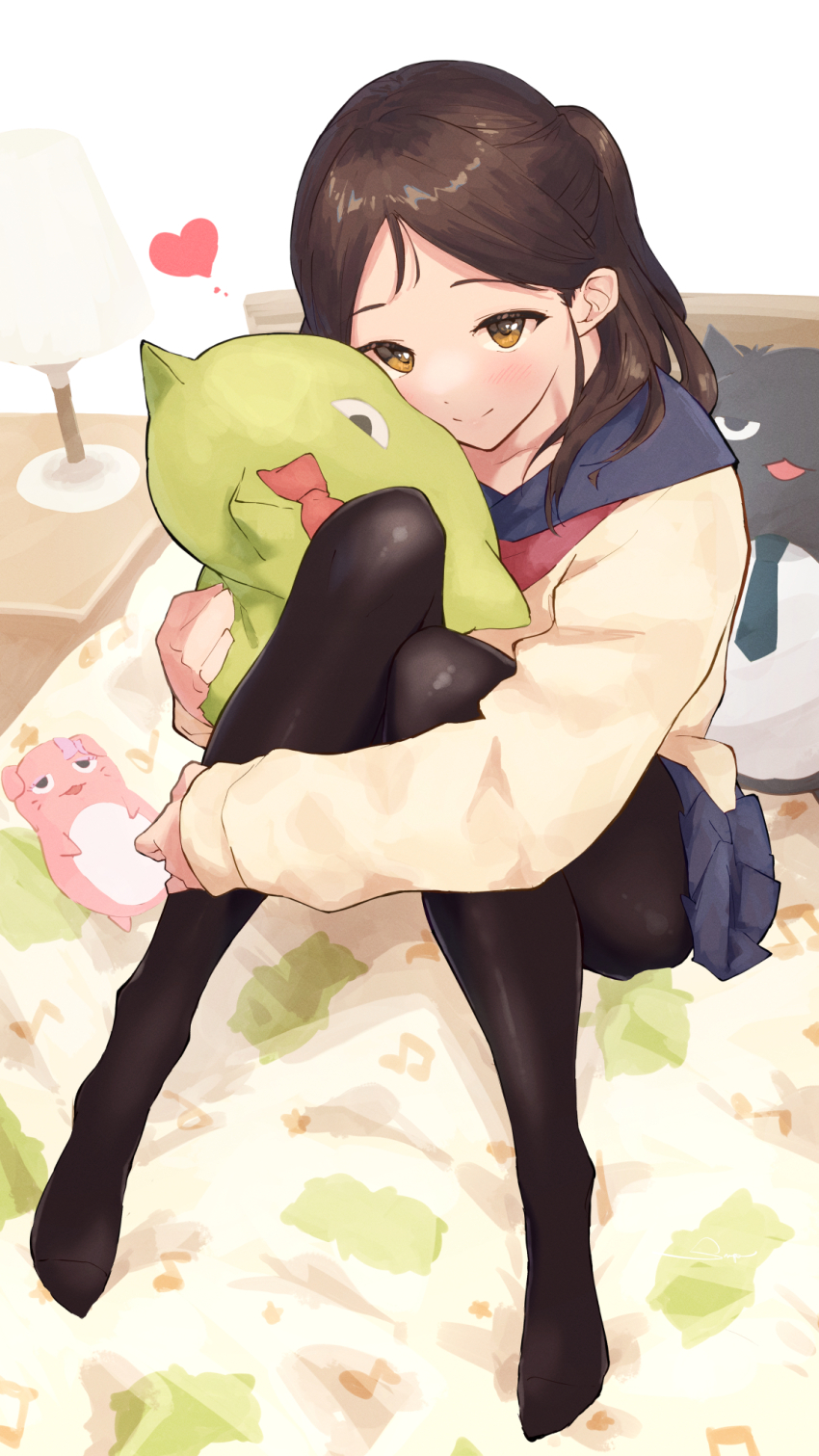 1girl, ayase_honoka, bed, bed_sheet, black_pantyhose, blush, brown_hair, heart