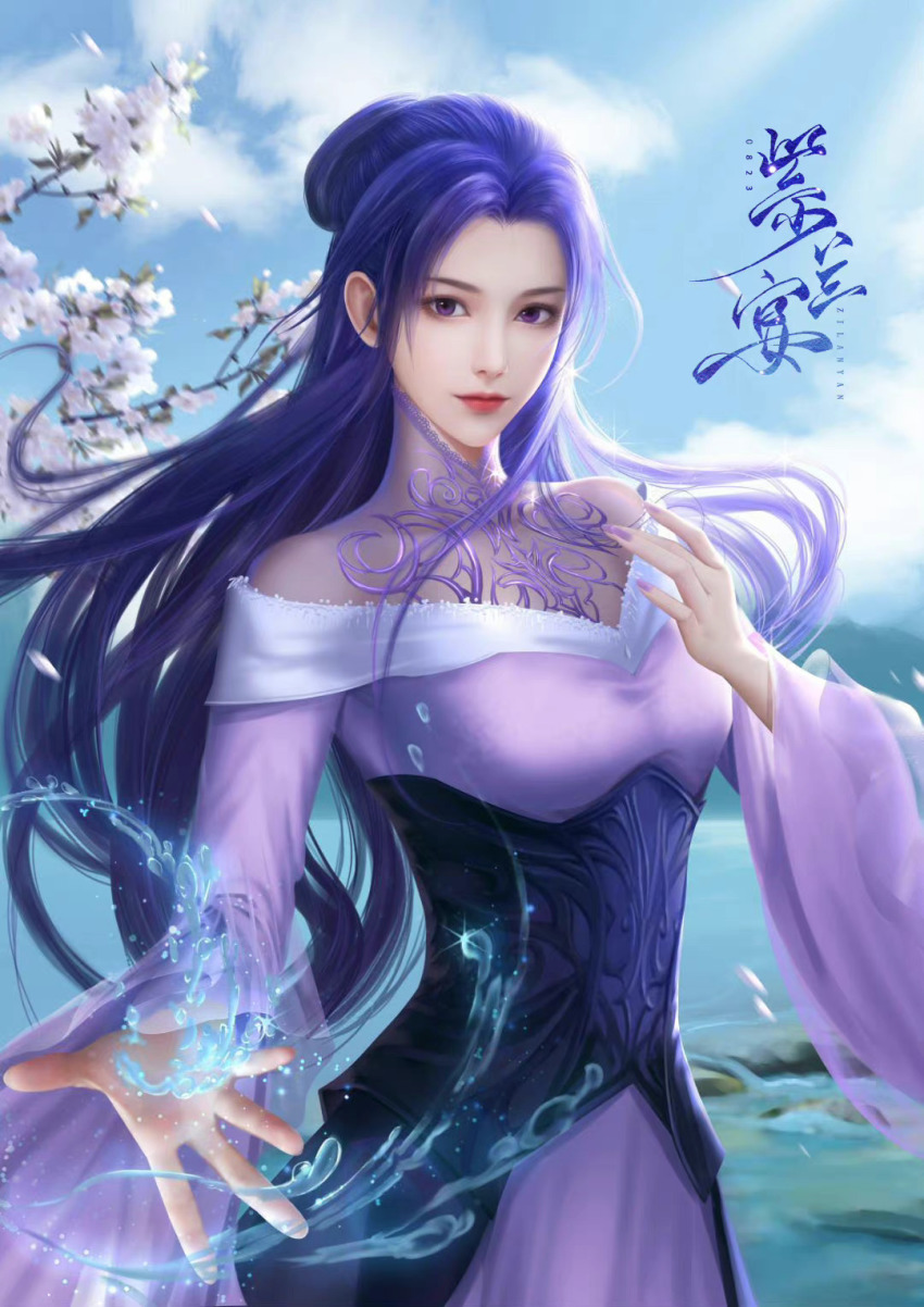 1girl, cloud, corset, dress, falling_petals, hair_bun, highres, long_hair, outstretched_hand, petals, purple_dress, purple_hair, qinshi_mingyue, rock, single_hair_bun, sky, solo, upper_body, water, yu_zi_cheng_shi, zi_nu_(qin_shi_ming_yue)