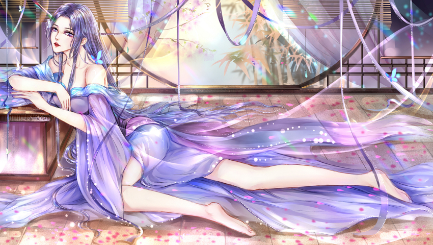 1girl, bamboo, bare_legs, bare_shoulders, barefoot, bug, butterfly, dress