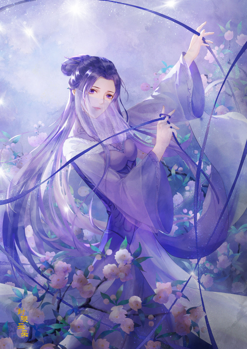 1girl, absurdres, bad_link, bad_weibo_link, flower, hair_bun, highres, long_hair