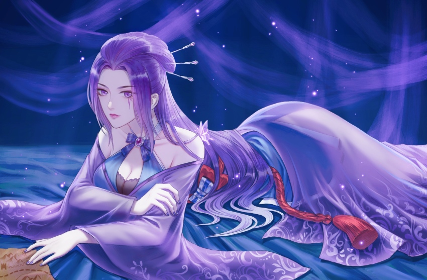 1girl, absurdres, blanket, dress, expressionless, from_side, hand_on_arm, highres