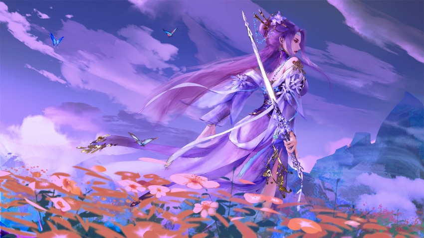 1girl, absurdres, back, beads, bug, butterfly, cloud, field, flower, flower_field, from_below, hair_bun, hair_ornament, highres, insect, jewelry, purple_hair, qinshi_mingyue, reverse_grip, single_hair_bun, sky, solo, sword, upper_body, weapon, yu_zi_cheng_shi, zi_nu_(qin_shi_ming_yue)