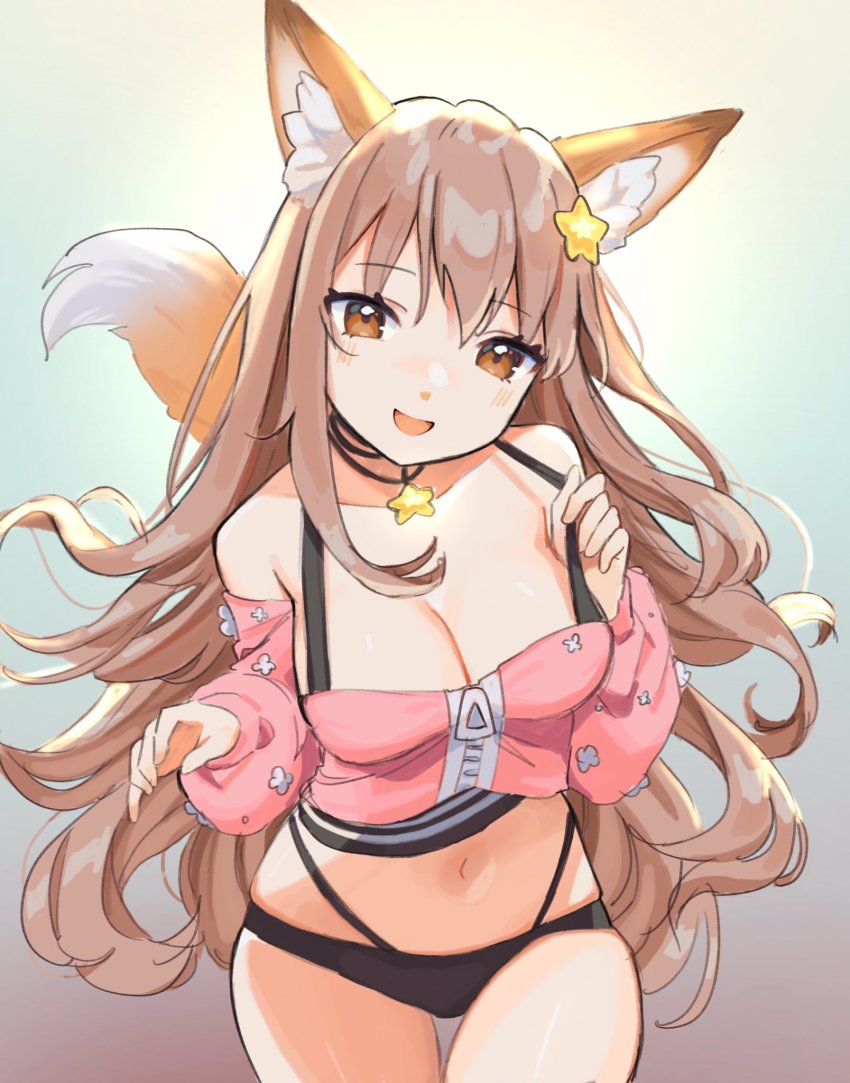 1girl, animal_ear_fluff, animal_ears, annytf, black_panties, black_shorts, breasts, brown_eyes, brown_hair, cleavage, detached_sleeves, fox_ears, fox_girl, fox_tail, hair_ornament, highleg, highleg_panties, highres, indie_virtual_youtuber, klaeia, long_hair, looking_at_viewer, midriff, navel, open_mouth, panties, pink_shirt, pink_sleeves, shirt, short_shorts, shorts, smile, solo, star_(symbol), star_hair_ornament, tail, thigh_gap, thighs, underwear, virtual_youtuber