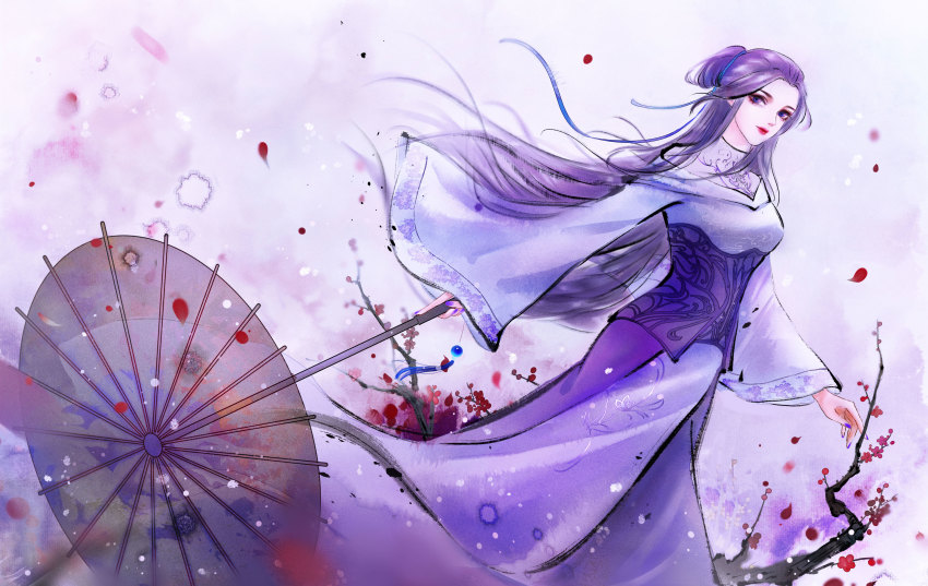 1girl, absurdres, branch, corset, dress, hair_bun, hair_tie, highres, long_hair, long_sleeves, looking_at_viewer, purple_dress, purple_eyes, purple_hair, qinshi_mingyue, single_hair_bun, solo, umbrella, upper_body, zi_nu_(qin_shi_ming_yue), zi_nu_zhuye_jun