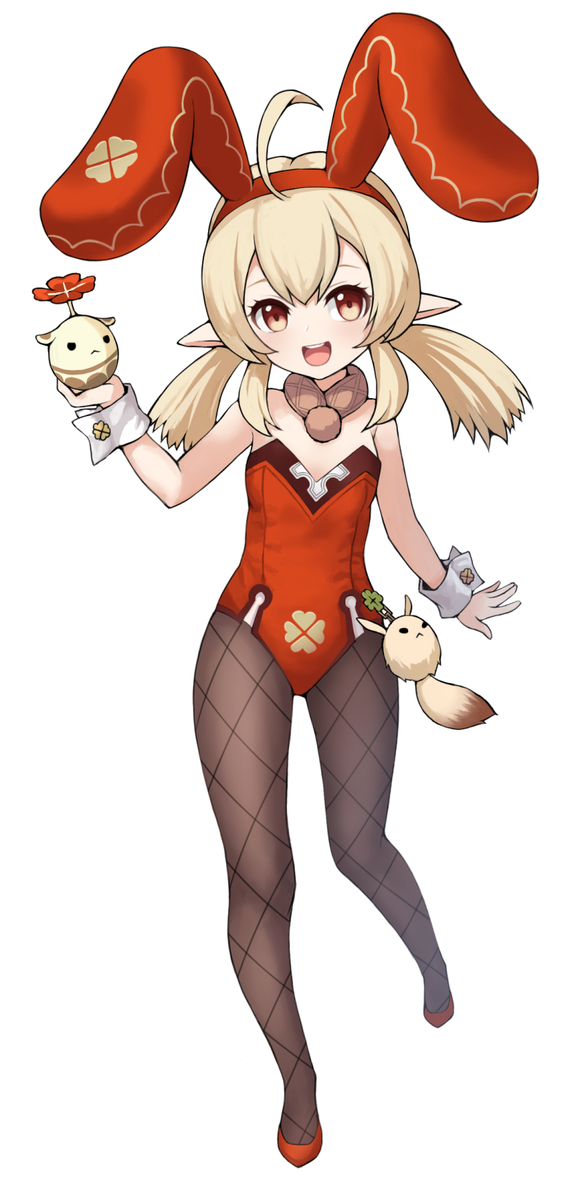 1girl, :d, ahoge, animal_ears, bare_shoulders, black_pantyhose, brown_scarf, clover_print