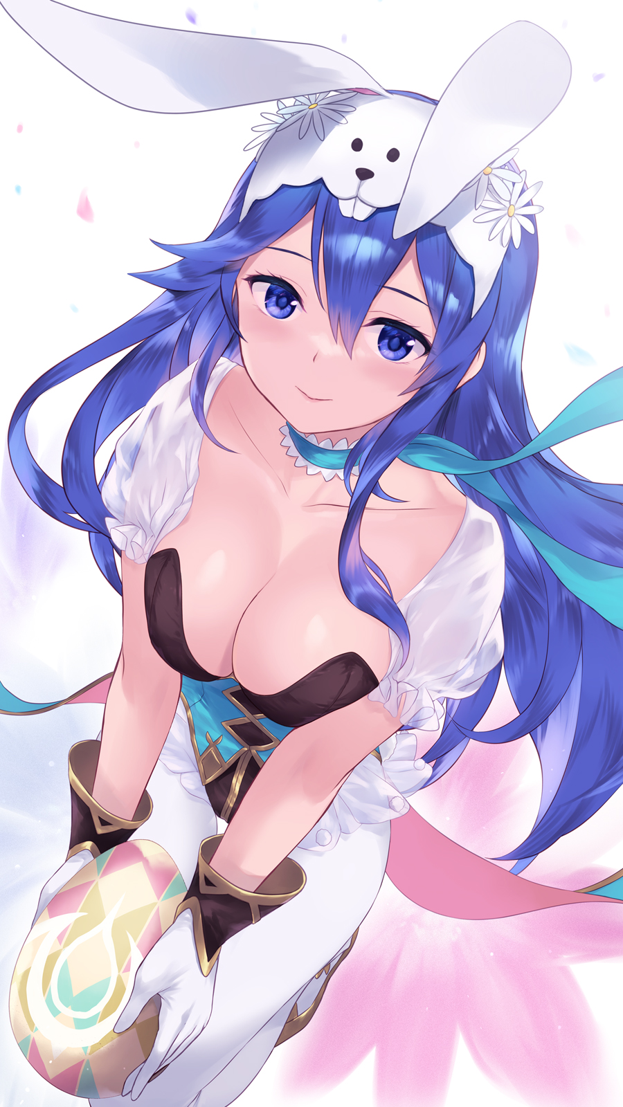 1girl, alternate_breast_size, animal_ears, blue_choker, blue_eyes, blue_hair, blush, breasts