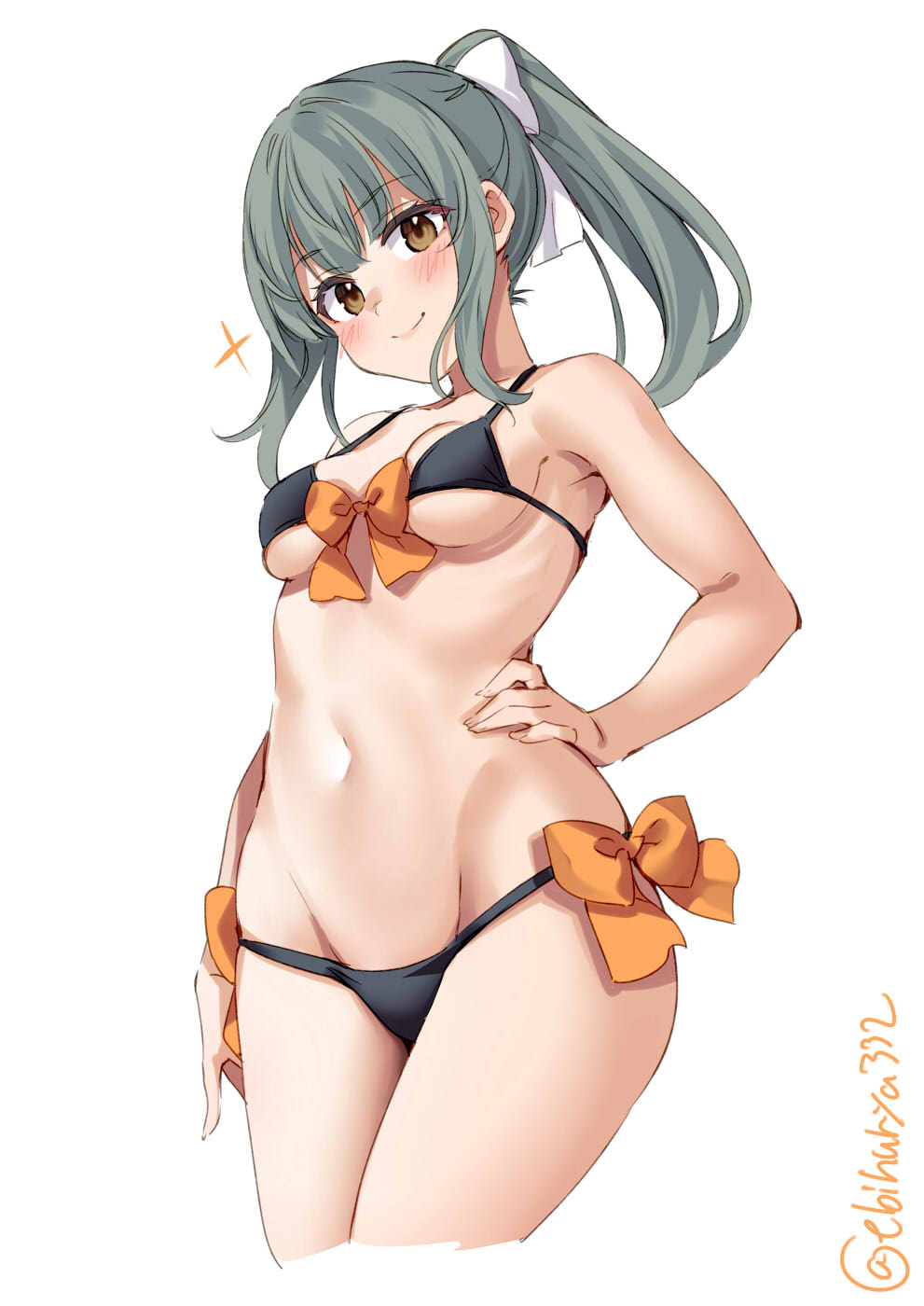 1girl, bikini, black_bikini, breasts, brown_eyes, collarbone, cropped_legs, ebifurya, green_hair, hand_on_own_hip, highres, kantai_collection, long_hair, looking_at_viewer, micro_bikini, navel, one-hour_drawing_challenge, ponytail, simple_background, small_breasts, smile, solo, swimsuit, twitter_username, white_background, yuubari_(kancolle), yuubari_kai_ni_(kancolle), yuubari_kai_ni_(swimsuit)_(kancolle)