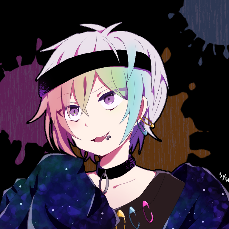 1boy, :3, choker, collarbone, colored_bangs, earrings, face_piercing, fang