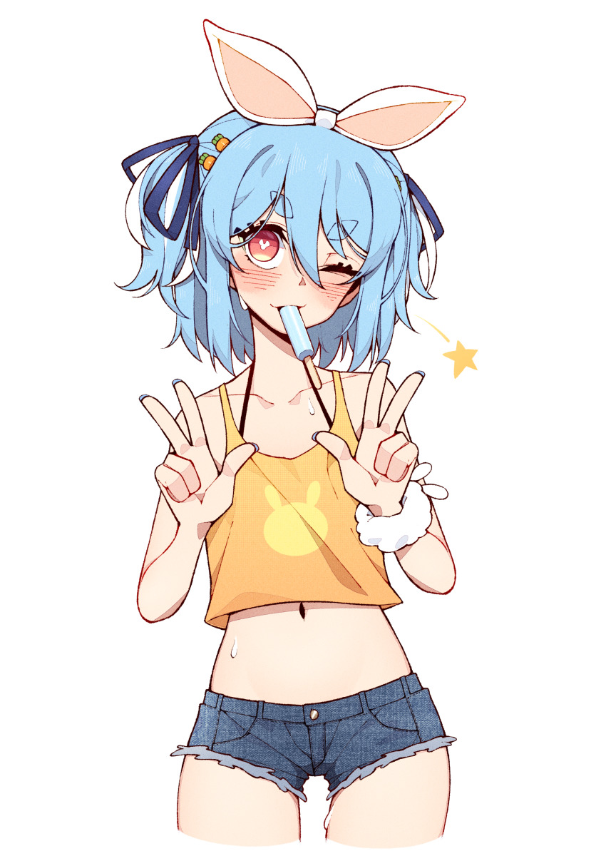 1girl, absurdres, animal_ears, bare_shoulders, bikini, bikini_under_clothes, black_bikini, blue_hair