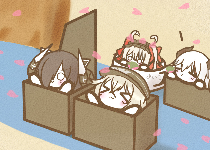 >_<, 4girls, :3, aegir_(azur_lane), august_von_parseval_(azur_lane), azur_lane, black_hair, black_headwear, black_horns, box, chibi, commentary_request, cup, curled_horns, demon_horns, elbe_(azur_lane), closed_eyes, graf_zeppelin_(azur_lane), grey_hair, hair_over_one_eye, hair_ribbon, horns, in_box, in_container, in_cup, koti, long_hair, mechanical_horns, multicolored_hair, multiple_girls, petals, red_hair, red_ribbon, ribbon, simple_background, two-tone_hair, white_hair, x3