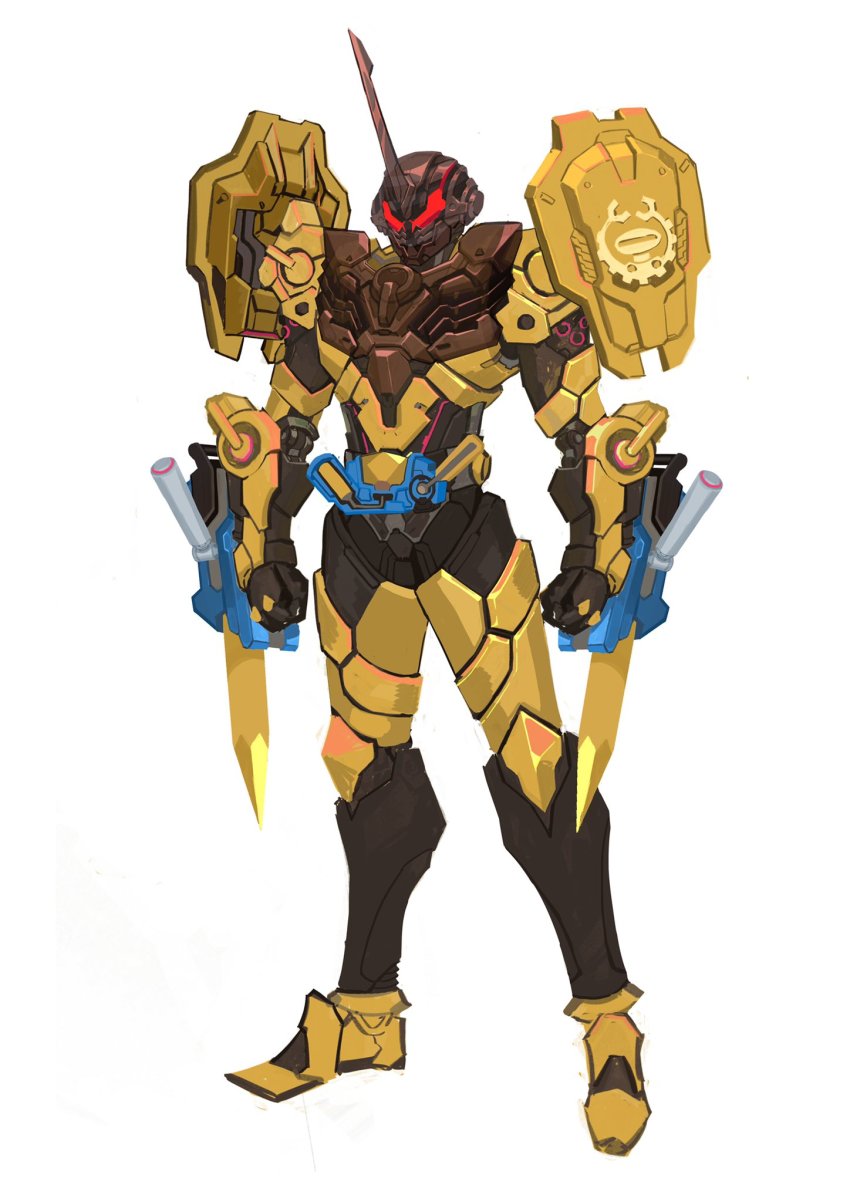 1boy, arm_blade, armor, black_gloves, catball1994, clenched_hand, cloud, commentary_request, rider_belt, full_body, gloves, gold_armor, helmet, highres, kamen_rider, kamen_rider_build_(series), kamen_rider_grease, male_focus, pauldrons, pile_bunker, red_eyes, sclash_driver, shoulder_armor, sky, solo, tokusatsu, weapon, white_background