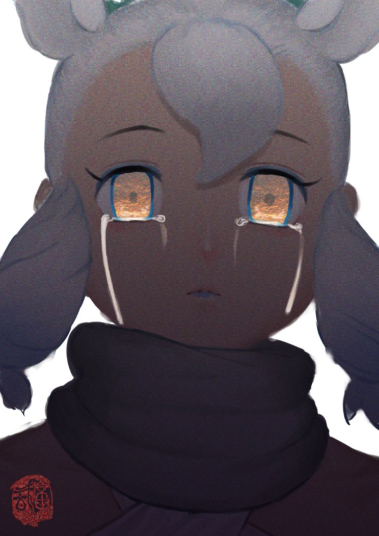 1girl, animal_ears, artist_logo, blue_hair, closed_mouth, crying, crying_with_eyes_open, dark-skinned_female