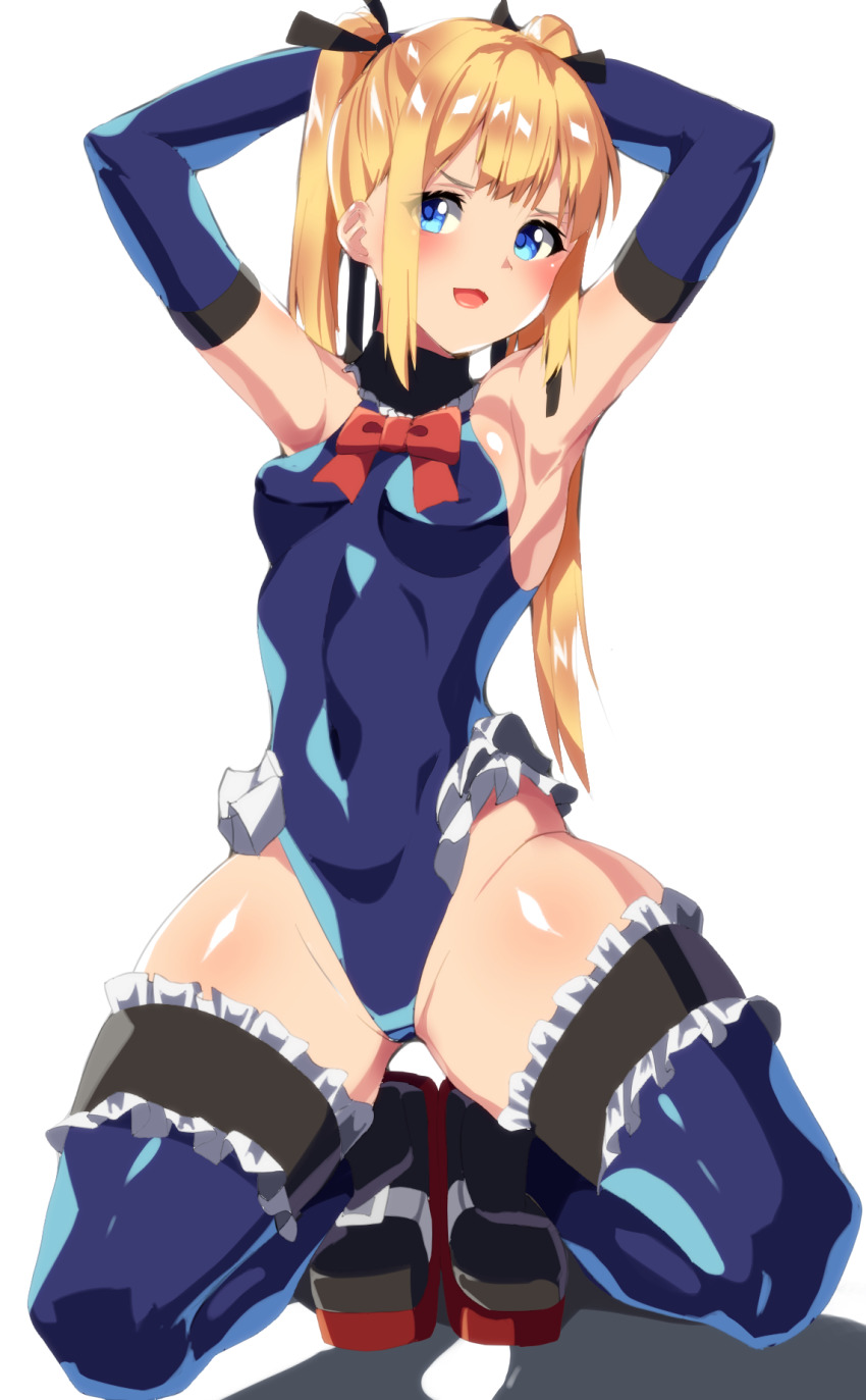 1girl, arms_behind_head, bare_shoulders, black_ribbon, blonde_hair, blue_eyes, blue_leotard, blue_one-piece_swimsuit