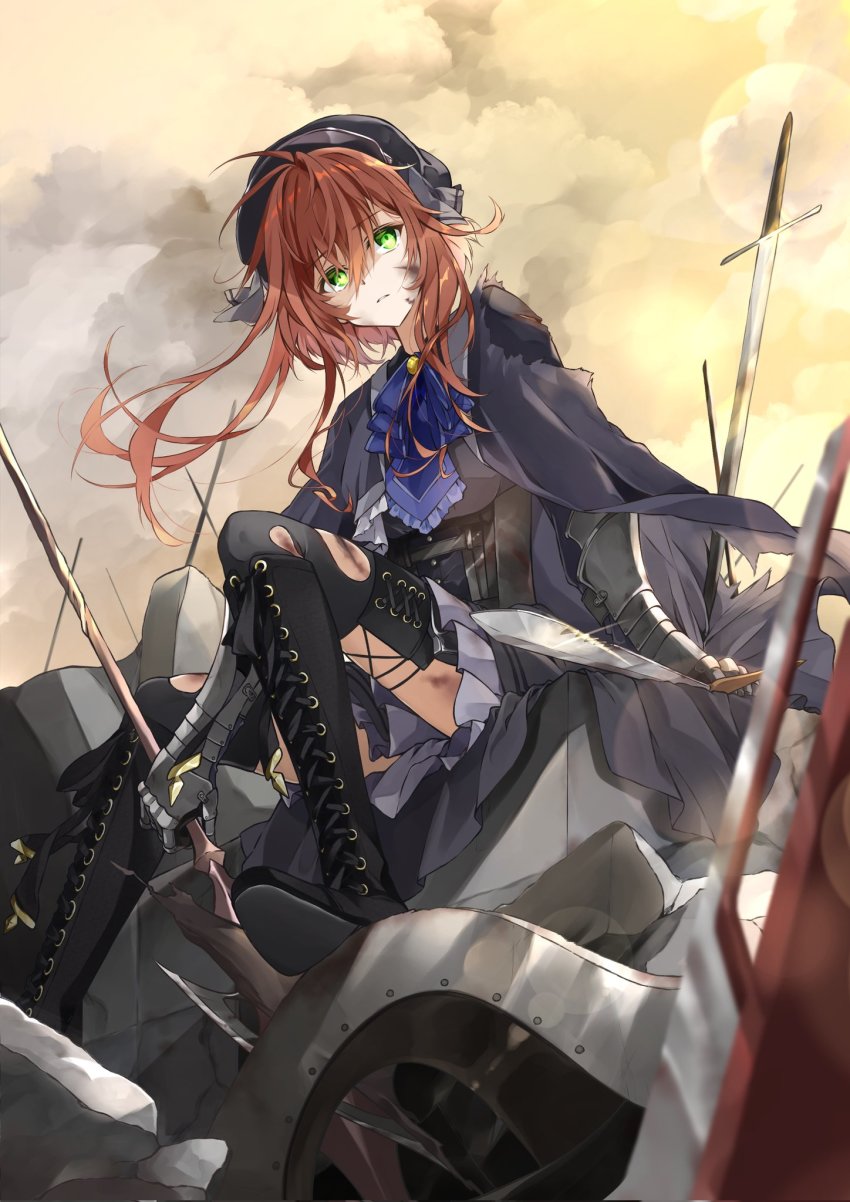 1girl, antenna_hair, black_boots, black_cape, black_hat, black_shirt, black_thighhighs, blue_bow