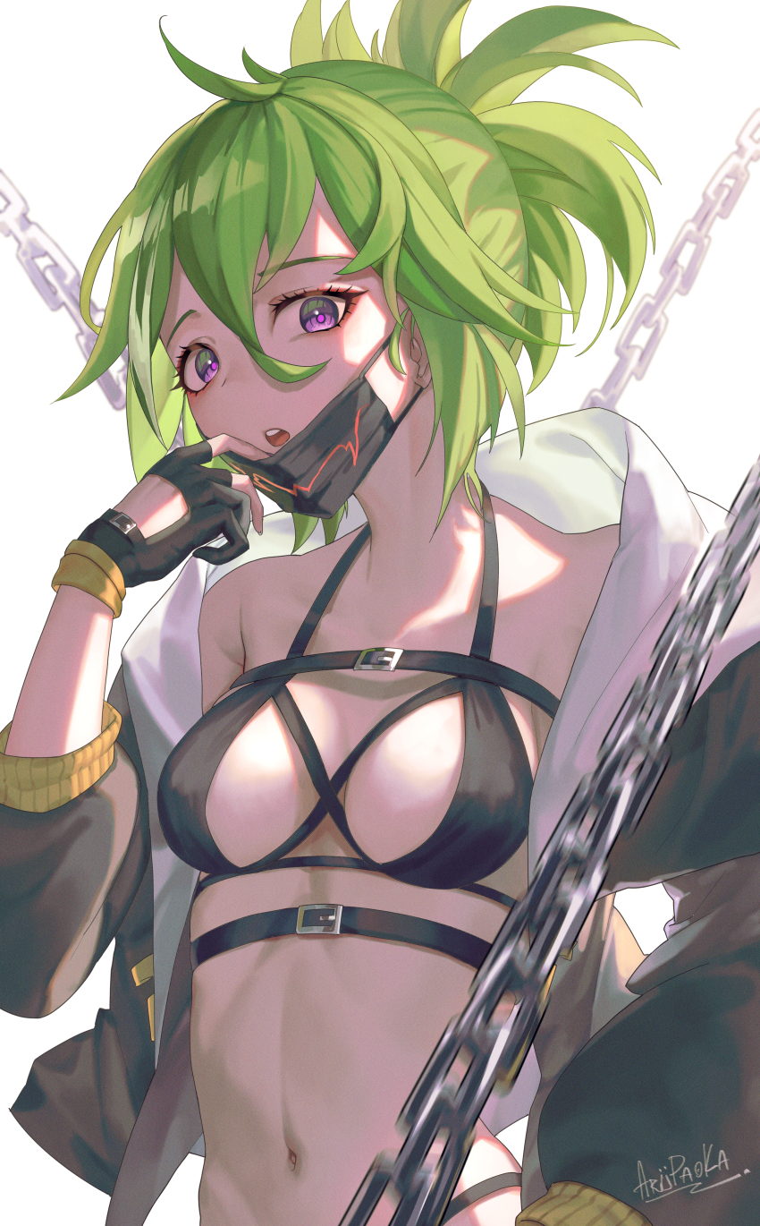 1girl, :o, absurdres, ahoge, alternate_costume, arupaoka, bare_shoulders, bikini, black_bikini, black_gloves, black_jacket, black_mask, breasts, chain, chest_belt, cleavage, collarbone, commentary, fingerless_gloves, genshin_impact, gloves, green_hair, hair_between_eyes, highleg, highleg_bikini, highres, jacket, kuki_shinobu, looking_at_viewer, mask, mask_pull, medium_breasts, mouth_mask, navel, off_shoulder, open_clothes, open_jacket, ponytail, purple_eyes, sidelocks, signature, simple_background, solo, standing, stomach, swimsuit, teeth, upper_body, upper_teeth_only, white_background