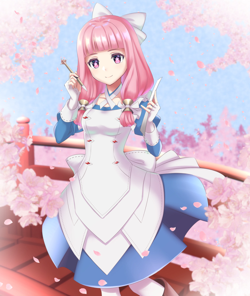 1girl, adapted_costume, alternate_color, alternate_costume, blue_dress, blunt_bangs, bridge, cherry_blossoms