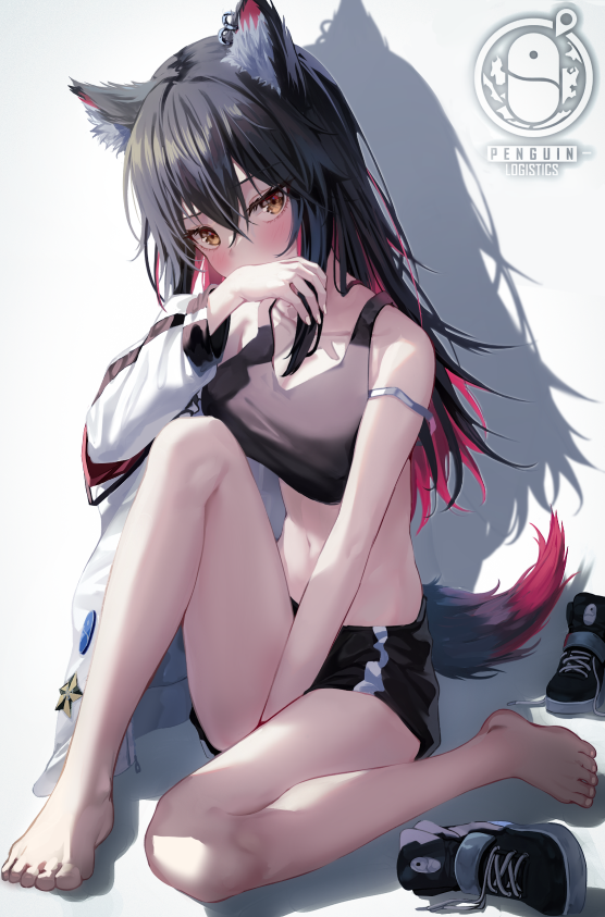 1girl, animal_ear_fluff, animal_ears, arknights, arm_strap, bare_legs, bare_shoulders, barefoot