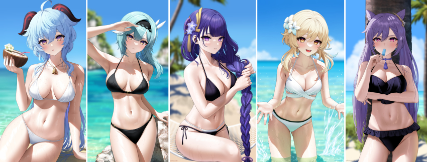 5girls, :d, absurdres, ahoge, alternate_costume, aqua_hair, arm_support, arm_under_breasts, arm_up, armpits, artist_name, asymmetrical_hair, beach, bikini, black_bikini, black_hairband, blonde_hair, blue_hair, blue_sky, blunt_bangs, blurry, blurry_background, blush, braid, breasts, choker, cleavage, closed_mouth, coconut, collage, collarbone, commentary, commentary_request, cone_hair_bun, cowboy_shot, day, dot_nose, drink, drinking_straw, earrings, eula_(genshin_impact), expressionless, feather_hair_ornament, feathers, flower, food, food_in_mouth, frilled_bikini, frills, fruit_as_cup, ganyu_(genshin_impact), genshin_impact, gluteal_fold, goat_horns, groin, hair_between_eyes, hair_bun, hair_flower, hair_ornament, hair_tassel, hairband, halterneck, hammock, hand_up, highres, holding, holding_drink, holding_food, holding_own_hair, horns, jewelry, keqing_(genshin_impact), kohanayuki, large_breasts, leaning_forward, long_hair, looking_at_viewer, low-braided_long_hair, low-tied_long_hair, lumine_(genshin_impact), medium_breasts, medium_hair, mole, mole_under_eye, multicolored_eyes, multiple_girls, navel, necklace, ocean, open_mouth, outdoors, palm_tree, parted_lips, popsicle, popsicle_in_mouth, purple_choker, purple_eyes, purple_flower, purple_hair, raiden_shogun, rock, sand, shading_eyes, short_hair_with_long_locks, side-tie_bikini_bottom, sidelocks, sitting, skindentation, sky, smile, splashing, standing, stomach, strap_gap, string_bikini, sweat, swimsuit, tassel, tassel_choker, tassel_hair_ornament, teeth, thigh_gap, thighs, tree, twintails, very_long_hair, wading, water, wet, wet_hair, white_bikini, white_flower, wringing_hair, yellow_eyes