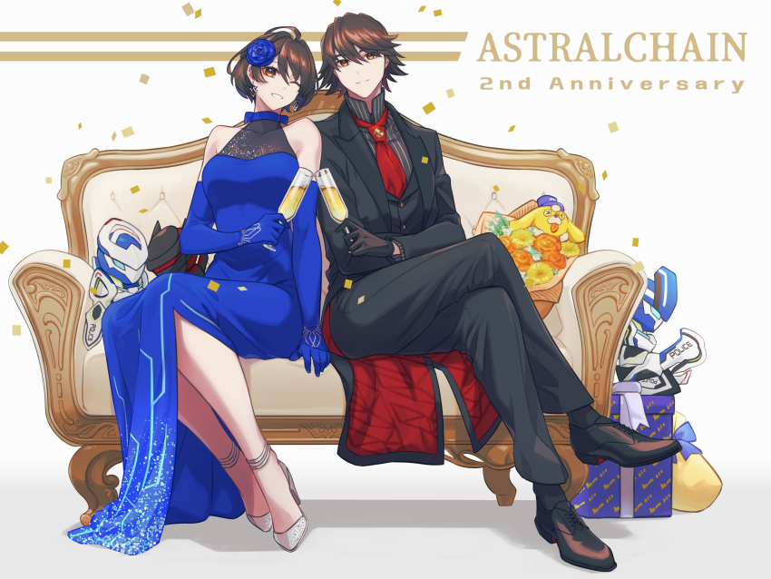1boy, 1girl, absurdres, akira_howard, alcohol, anklet, anniversary, astral_chain