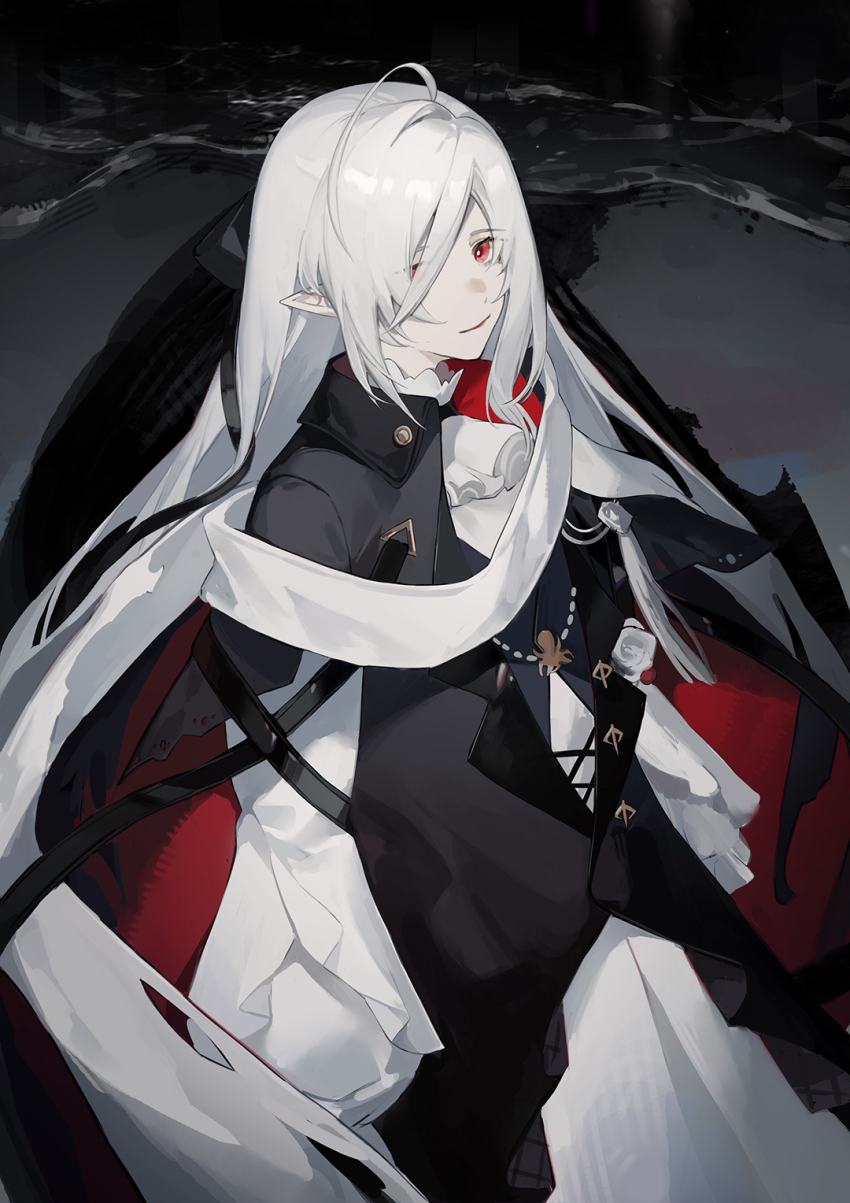 1girl, ahoge, arknights, ascot, black_background, black_jacket, blue_shirt, blue_vest