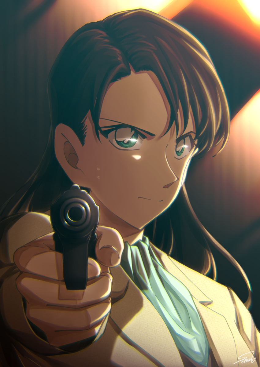 1girl, aiming, aiming_at_viewer, brown_hair, closed_mouth, formal_clothes, green_eyes, gun