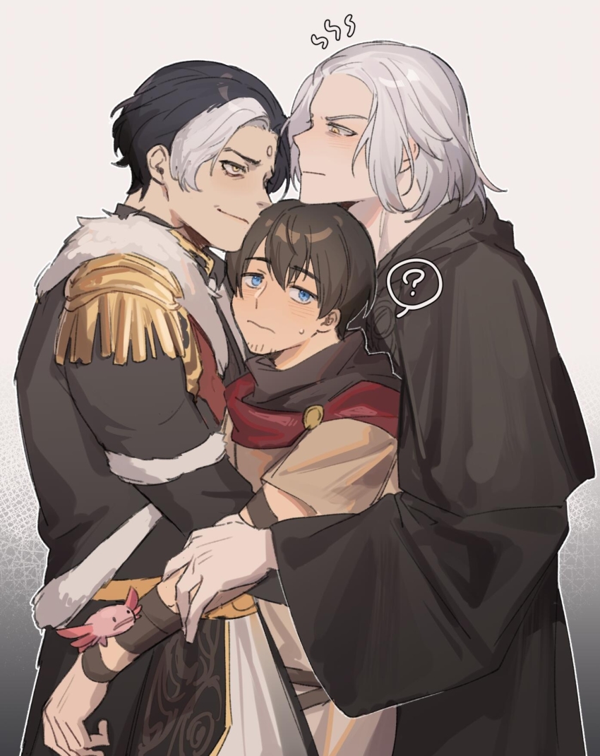 >:(, 3boys, ?, adventurer_(ff14), annoyed, axolotl, black_coat, black_hair