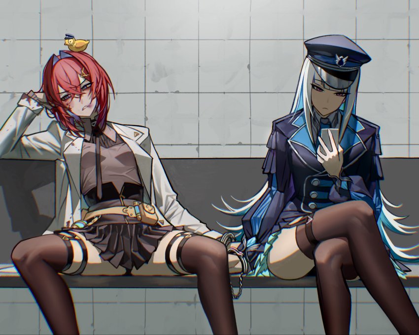2girls, ange_katrina, ange_katrina_(lab_coat), animal, animal_on_head, bird, bird_on_head, black_legwear, blood, blood_on_face, blue_hair, blue_headwear, blue_jacket, blue_skirt, blush, breasts, colored_inner_hair, crossed_legs, cuffs, frown, grey_shirt, hair_ornament, handcuffs, hat, highres, holding, holding_phone, jacket, kamitoge_supino, lize_helesta, lize_helesta_(7th_costume), looking_down, monocle, multicolored_hair, multiple_girls, nijisanji, on_head, parted_lips, phone, police_hat, purple_eyes, sebastian_piyodore, shirt, sitting, skirt, small_breasts, spread_legs, thigh_strap, thighhighs, triangle_hair_ornament, virtual_youtuber, white_jacket