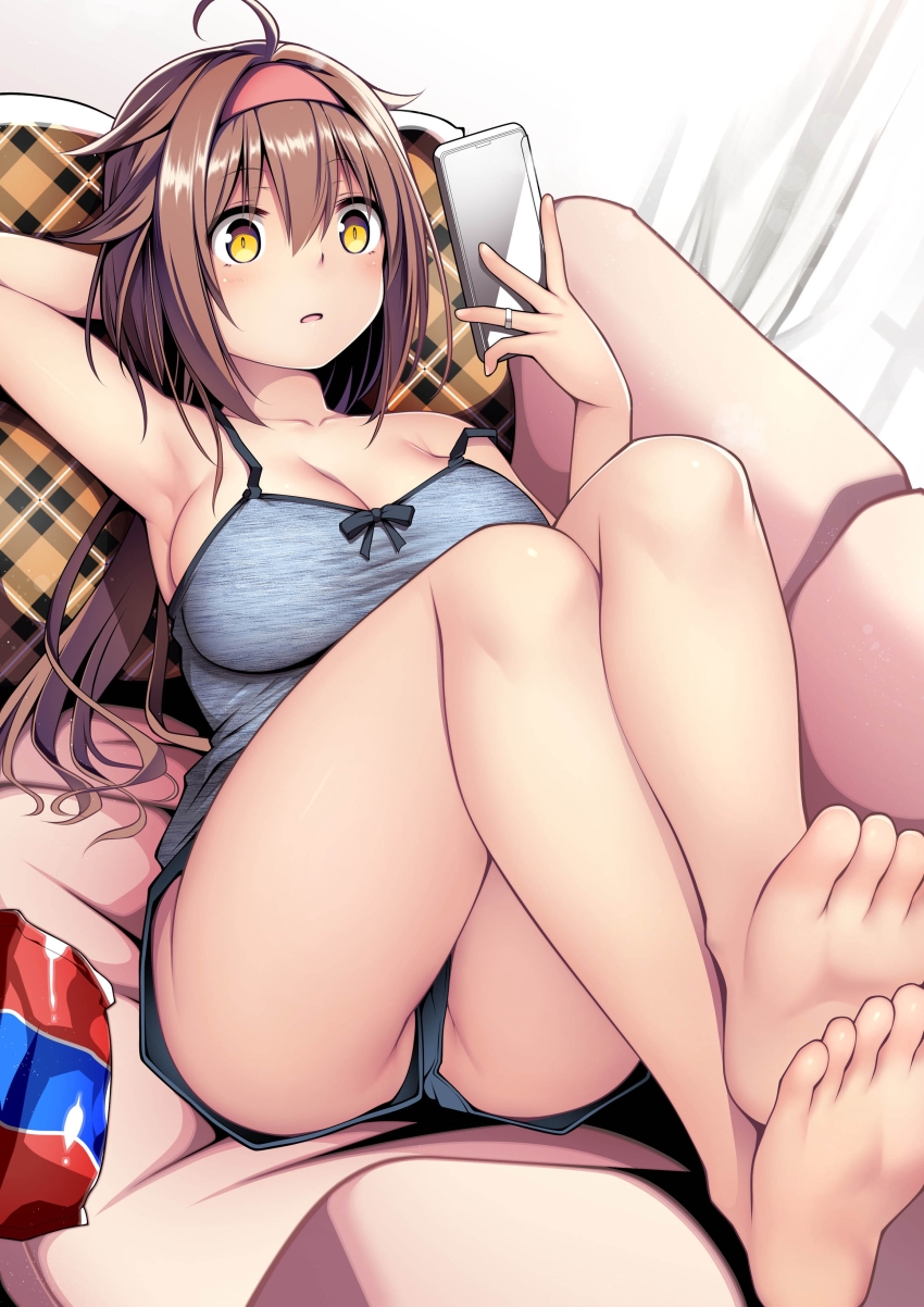 1girl, absurdres, ahoge, ass, barefoot, blush, breasts, brown_eyes