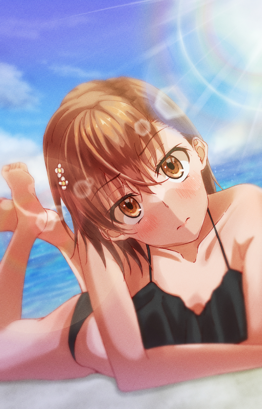 1girl, absurdres, barefoot, bikini, black_bikini, blue_sky, blush, brown_eyes