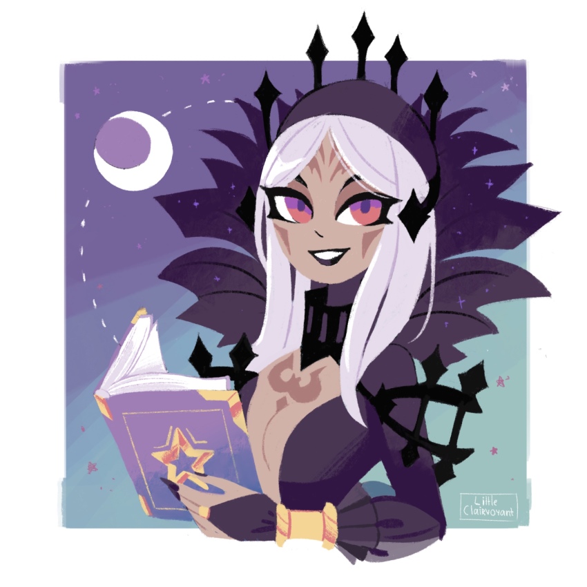 aversa_(fire_emblem), black_lips, book, breasts, cleavage, dark_skin, feathers, fire_emblem, fire_emblem_awakening, highres, lilclairvoyant, lipstick, makeup, moon, night, nintendo, tagme, tattoo, white_hair